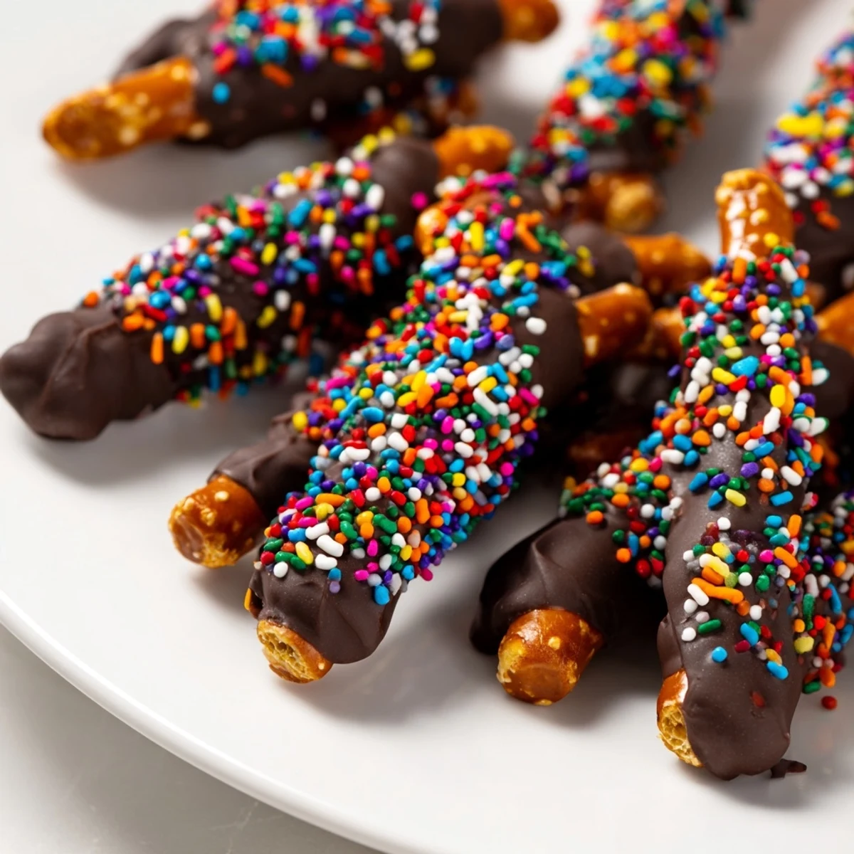 Chocolate Covered Pretzels with Festive Sprinkles arranged on a parchment-lined tray, glistening with smooth melted chocolate.