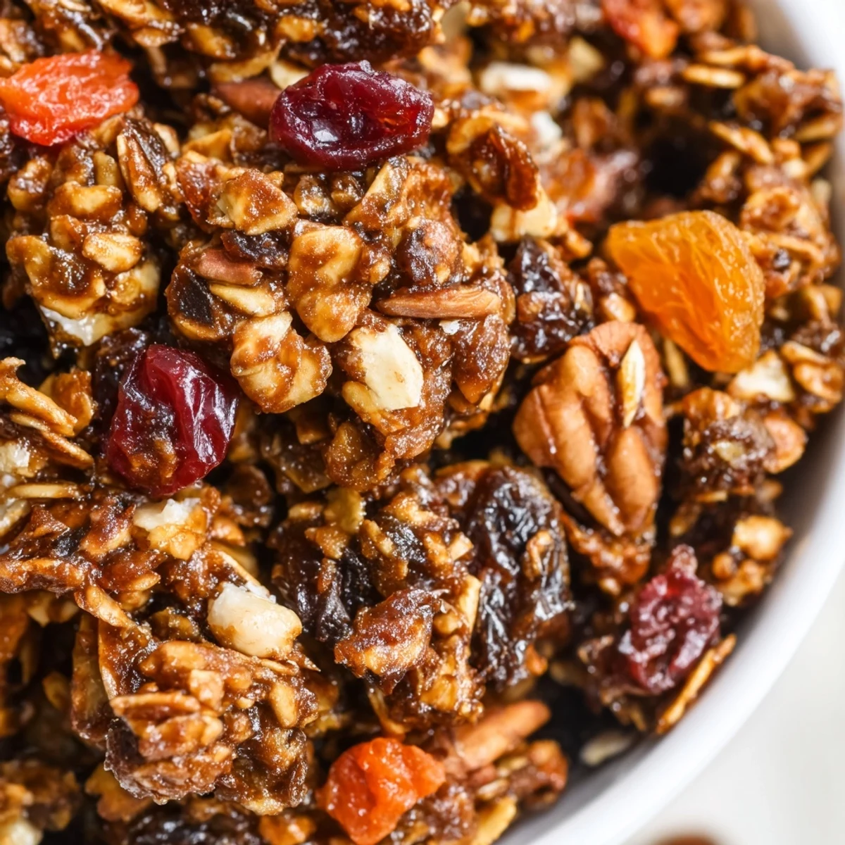 Loose Gingerbread Granola with dried apricots and cranberries spilling from a glass jar onto a linen napkin.