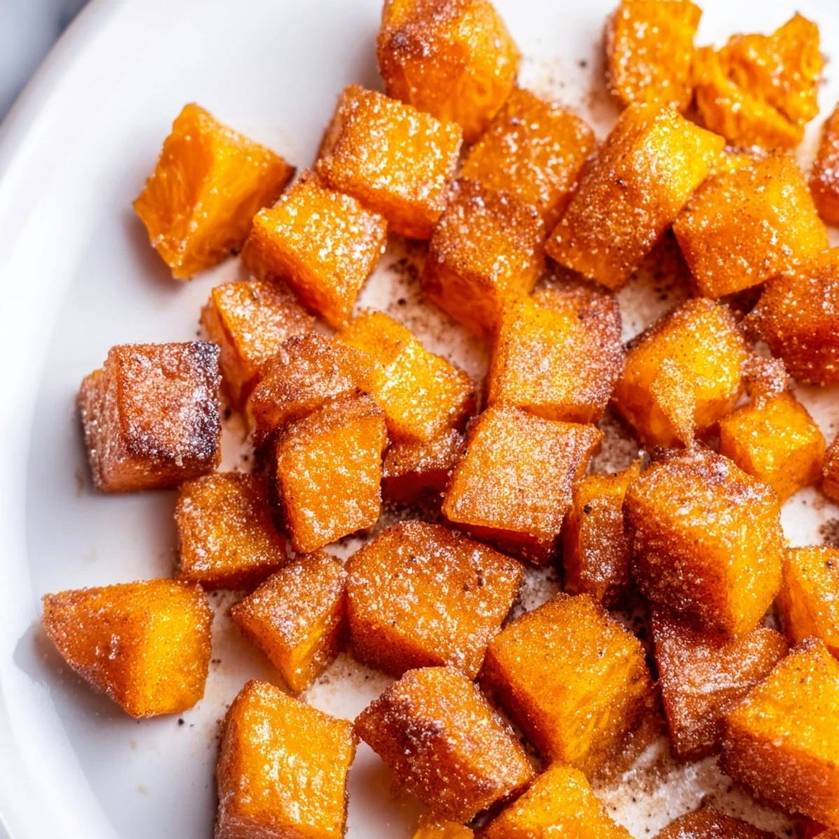 Golden brown sweet potato cubes tossed in cinnamon sugar, fresh from the oven on a parchment-lined baking sheet.