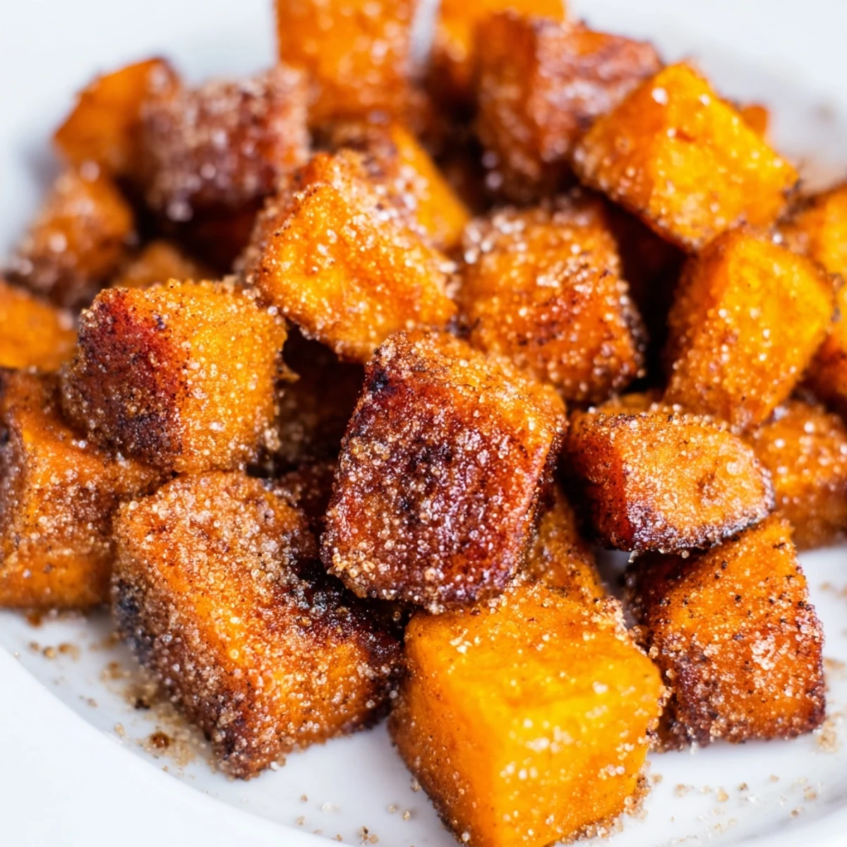 Freshly roasted sweet potato cubes coated in cinnamon sugar, served hot alongside a juicy roast chicken dinner.