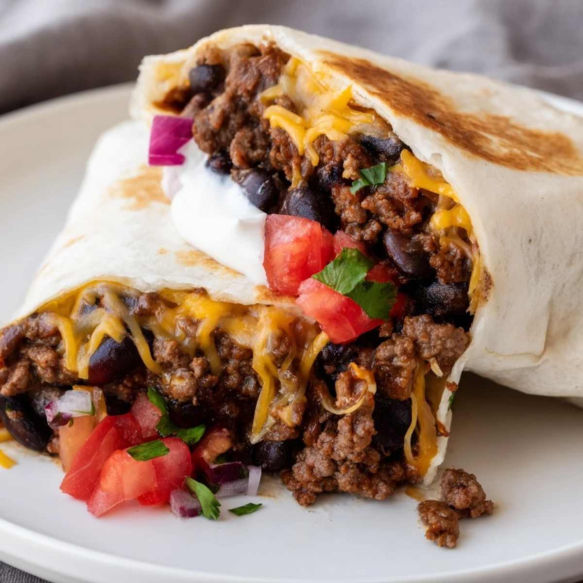Golden-brown, baked Beef and Bean Burritos with salsa and sour cream on a plate.