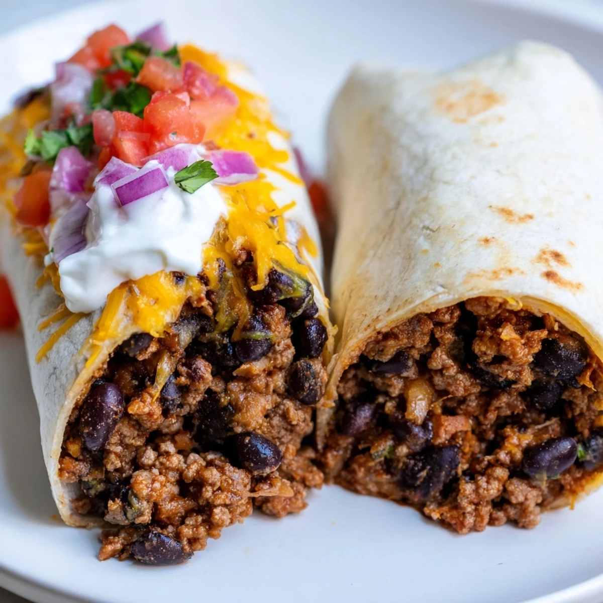 Tortilla-wrapped Beef and Bean Burritos filled with seasoned beef, beans, and fresh salsa.