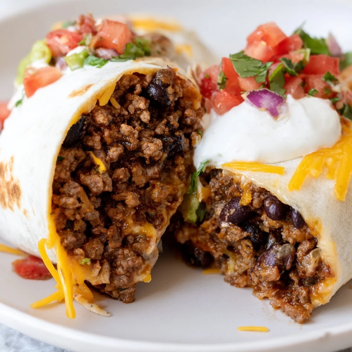 Warm flour tortilla stuffed with Beef and Bean Burritos, topped with cheese and cilantro.