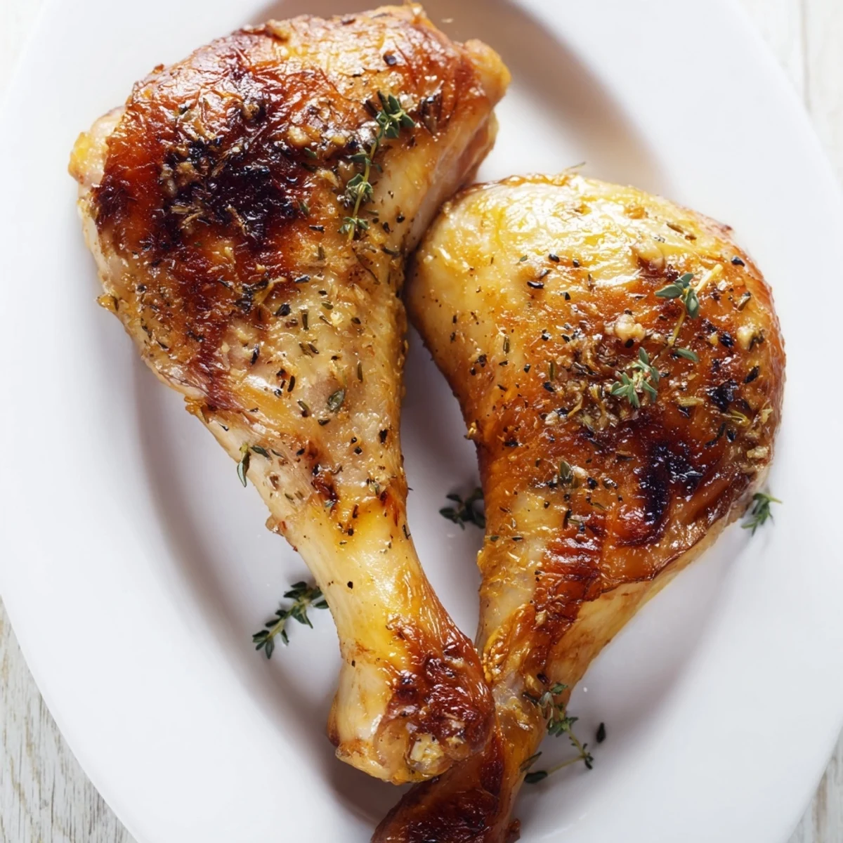 Freshly roasted chicken legs with golden, crispy skin, glazed in a zesty lemon garlic marinade and fresh herbs, served on a platter with lemon wedges for a bright finish.