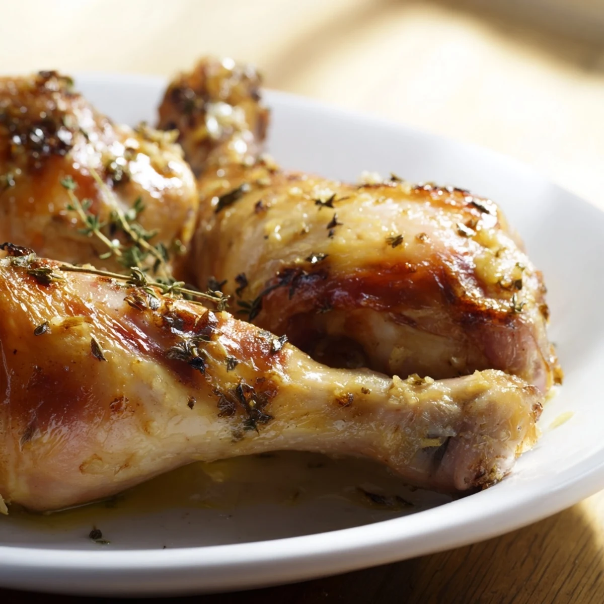 Family-style serving platter featuring four golden-brown Lemon Garlic Roasted Chicken Legs, garnished with chopped parsley and lemon wedges, ready to be enjoyed alongside roasted potatoes and salad.