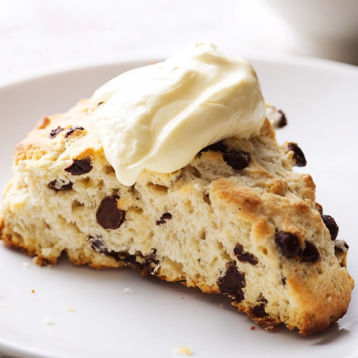 Golden-brown Chocolate Chip Scones with Clotted Cream are displayed on a rustic wooden board, showcasing a flaky interior.