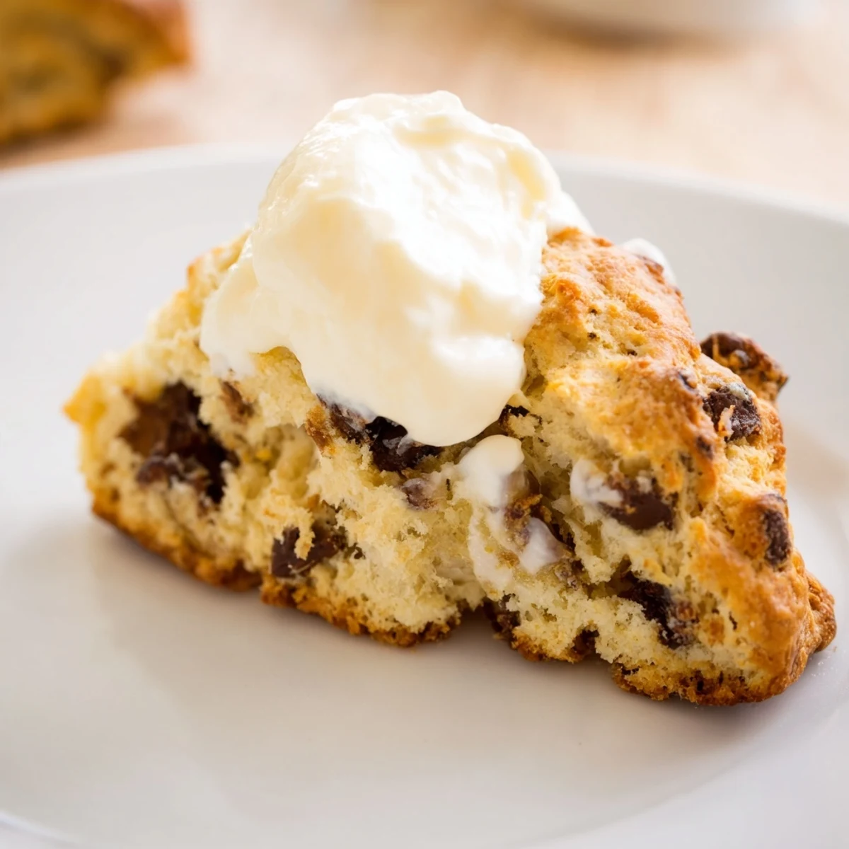 Two warm Chocolate Chip Scones with Clotted Cream are split open, revealing melted chocolate chips alongside a dollop of cream.
