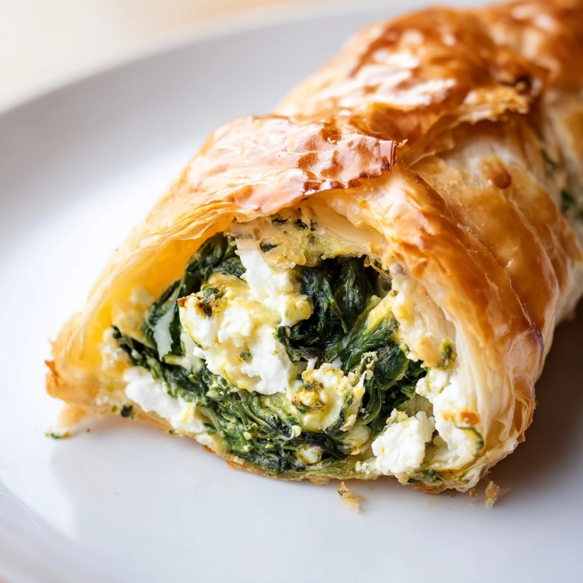 Warm Savory Spinach and Feta Puff Pastry pulled apart to show creamy filling on a white plate.