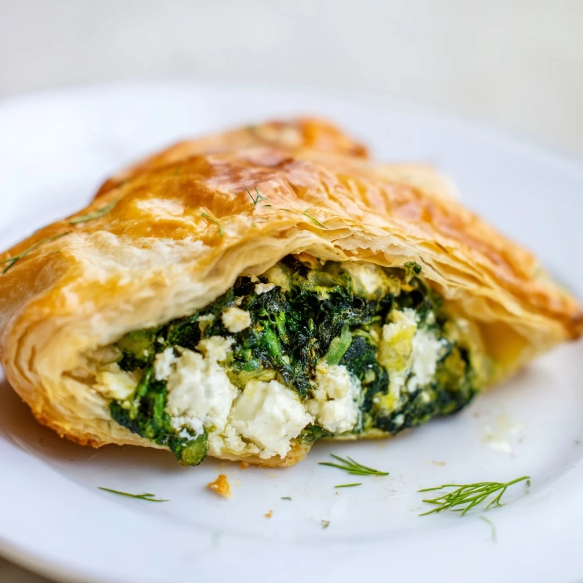 Golden Savory Spinach and Feta Puff Pastry squares plated with a fresh green salad for lunch.