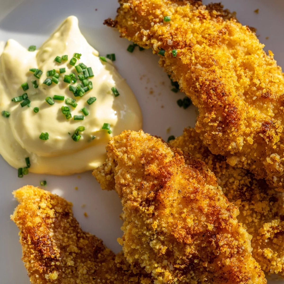 Freshly fried Crispy Chicken Tenders with Dip, golden brown and served on a rustic wooden board beside a creamy white sauce.