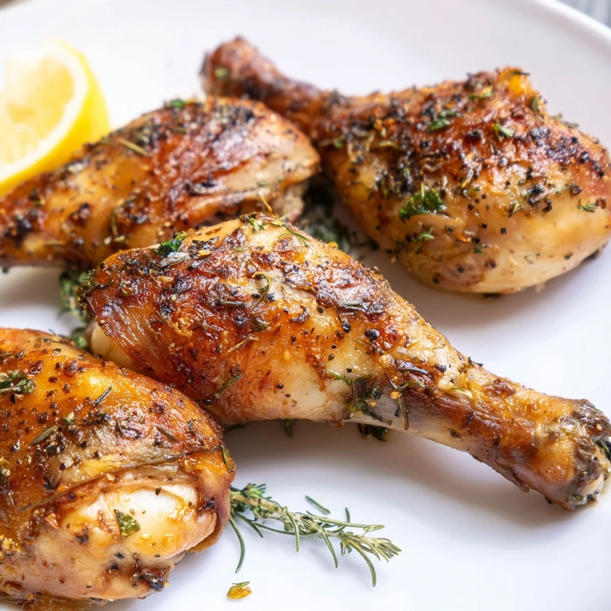 Herb Roasted Turkey Drumsticks resting on a platter with fresh rosemary and lemon slices, glistening with golden crispy skin.