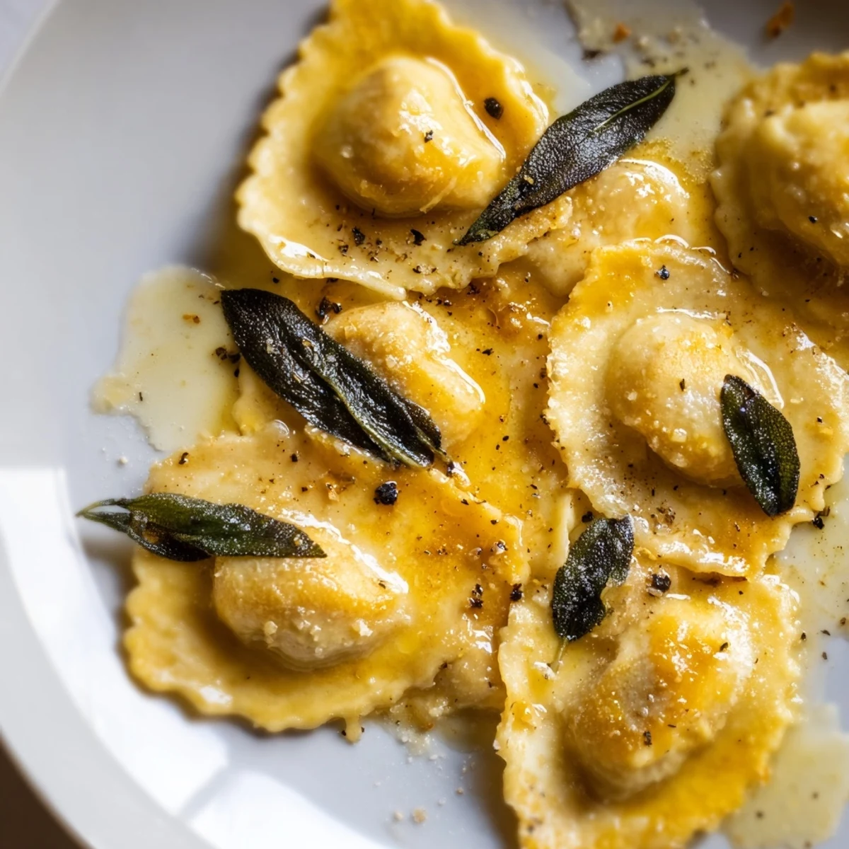Homemade Butternut Squash Ravioli with crispy sage leaves and melted butter.
