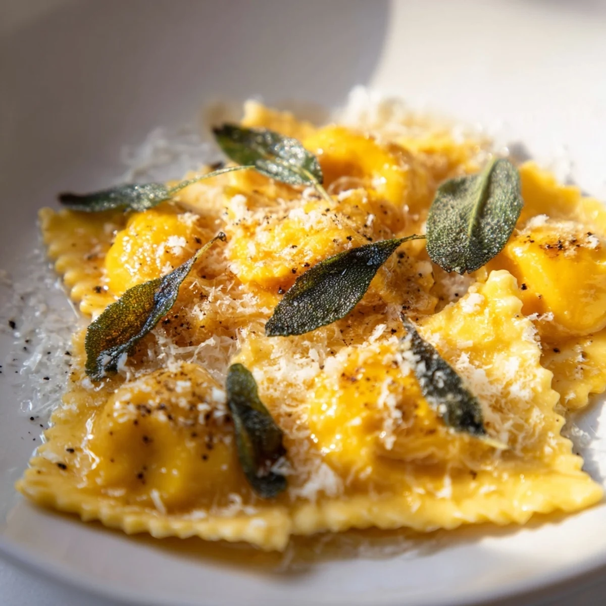 Golden brown Butternut Squash Ravioli tossed in sage brown butter sauce.