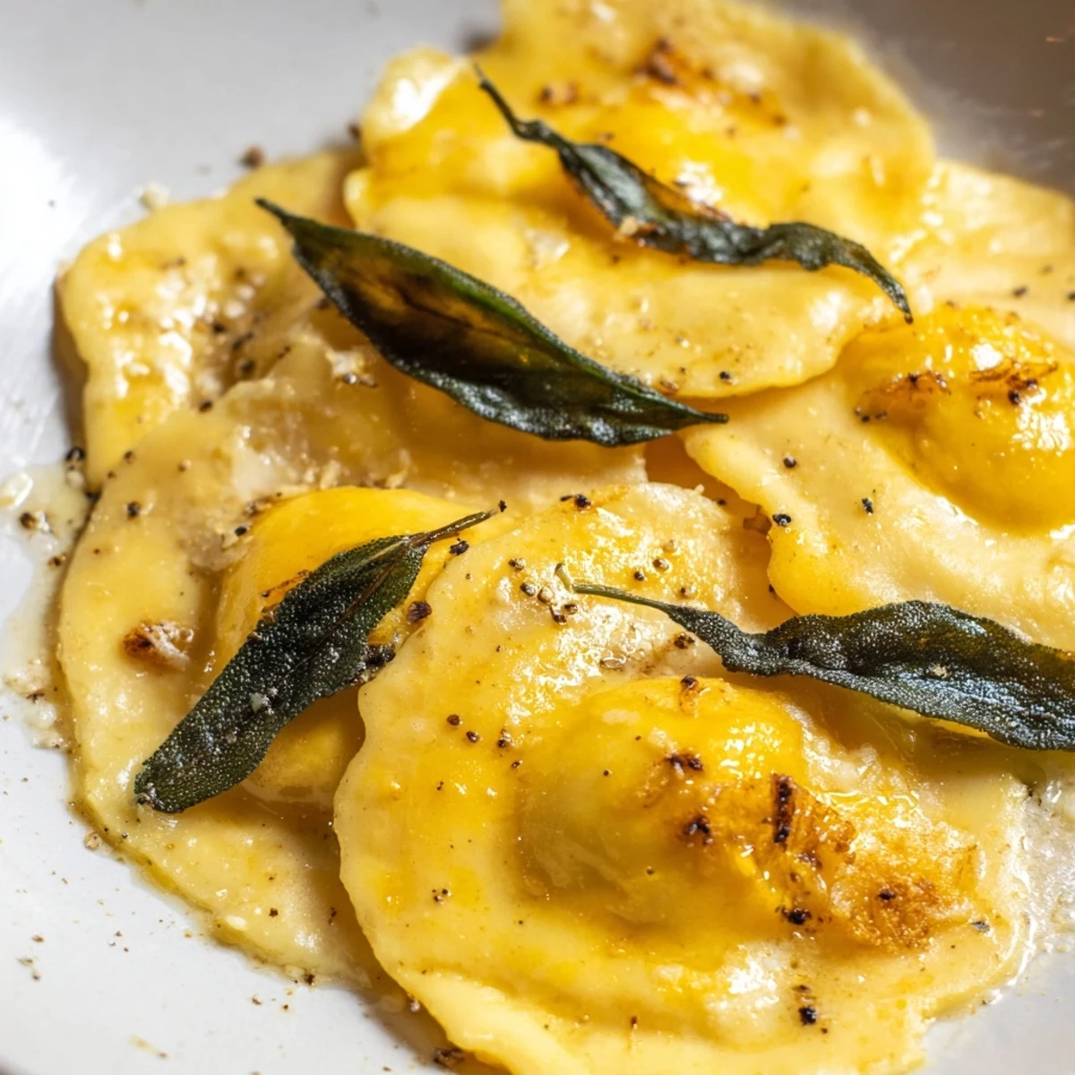 Tender Butternut Squash Ravioli plated with Parmesan and black pepper.
