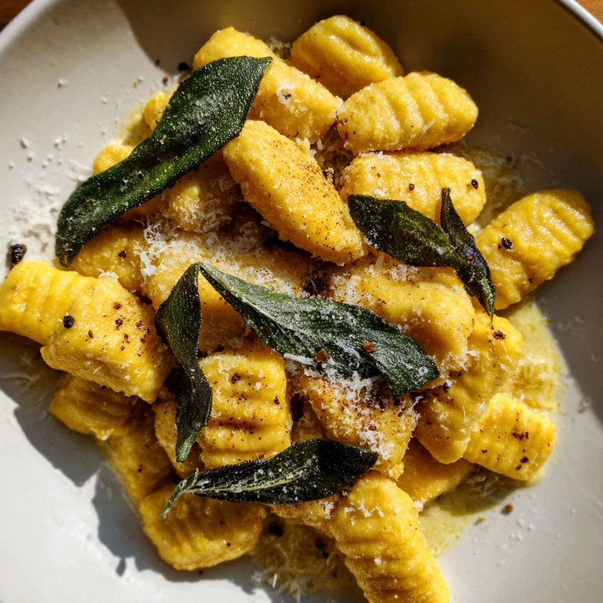 Freshly made squash gnocchi coated in butter sauce with melted Parmesan and black pepper garnish.