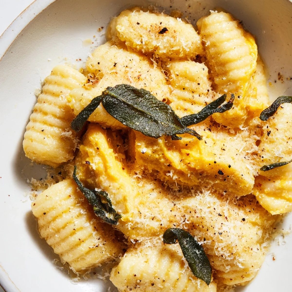 Golden roasted butternut squash gnocchi rests in a skillet with brown butter and crispy sage leaves.