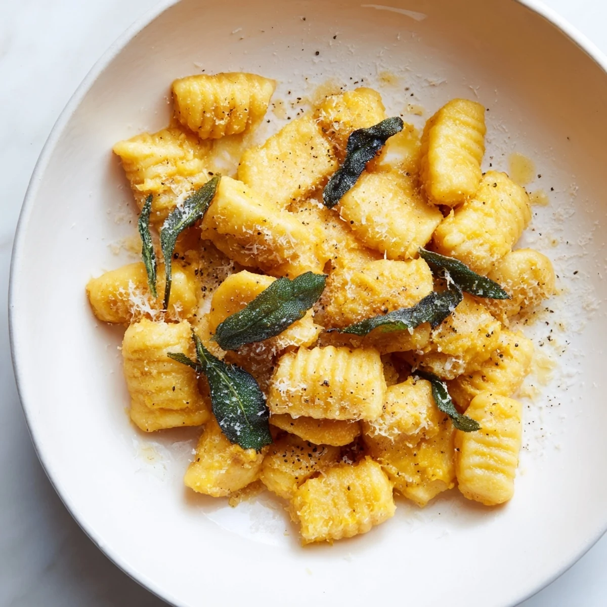 Homemade butternut squash gnocchi tossed in an aromatic sage butter sauce, served warm in a bowl.