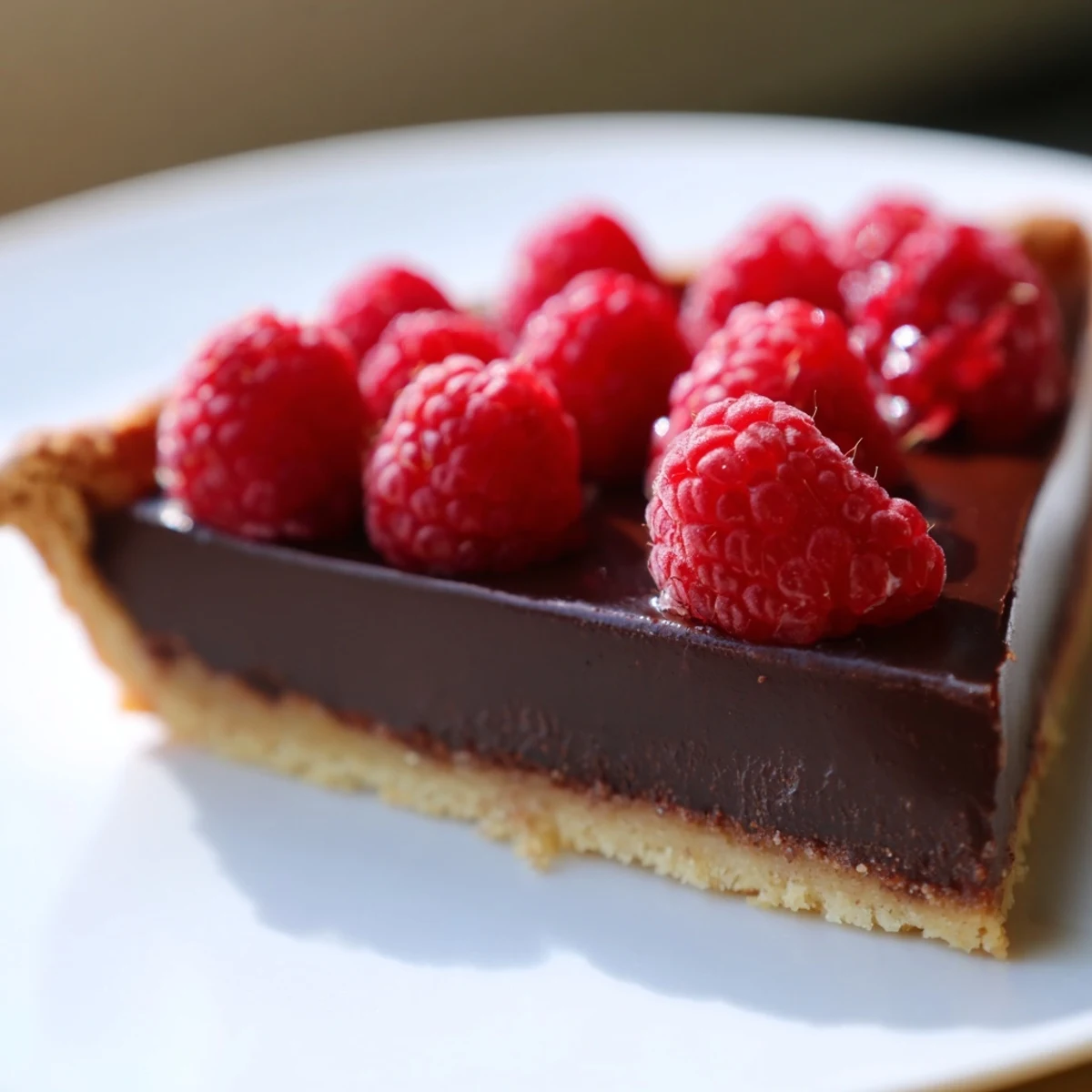 A close-up of a Chocolate Raspberry Tart with Pastry showing a crisp, golden crust and glossy ganache.