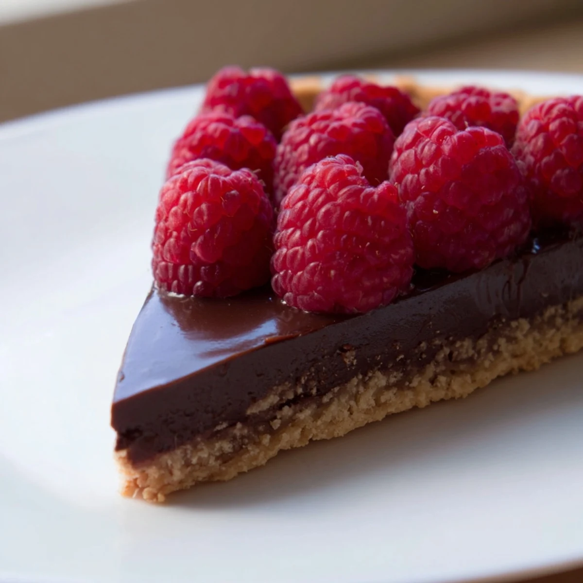 A freshly sliced Chocolate Raspberry Tart with Pastry reveals rich ganache and tart fresh raspberries on top.