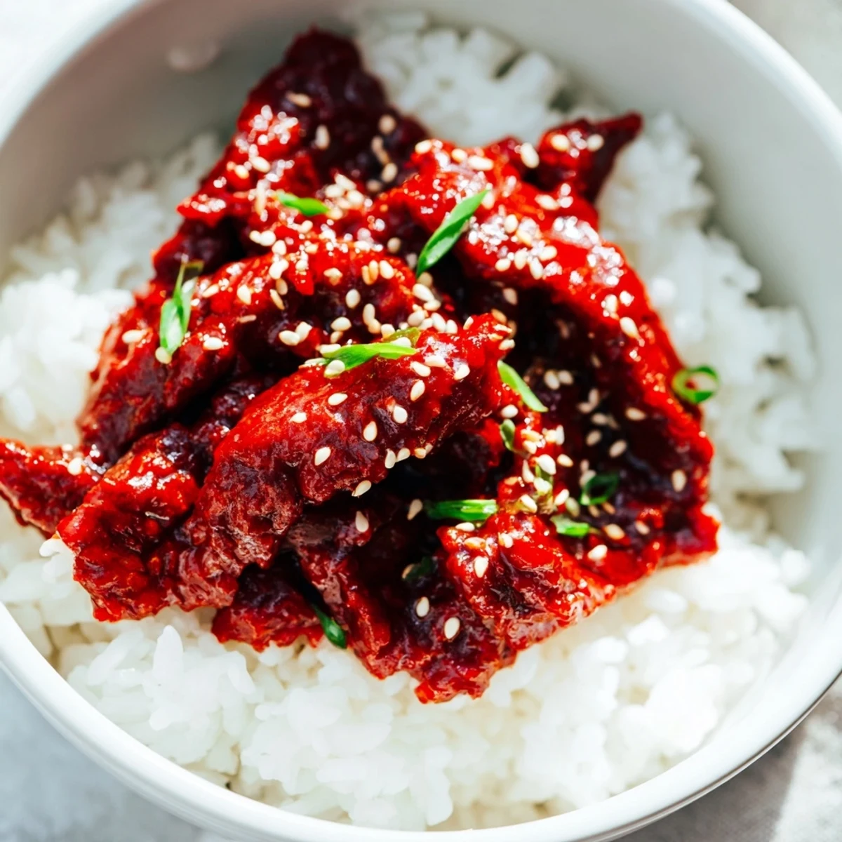 A close-up of Spicy Korean Beef Bowl with Rice, glazed beef slices and sesame seeds on fluffy rice.