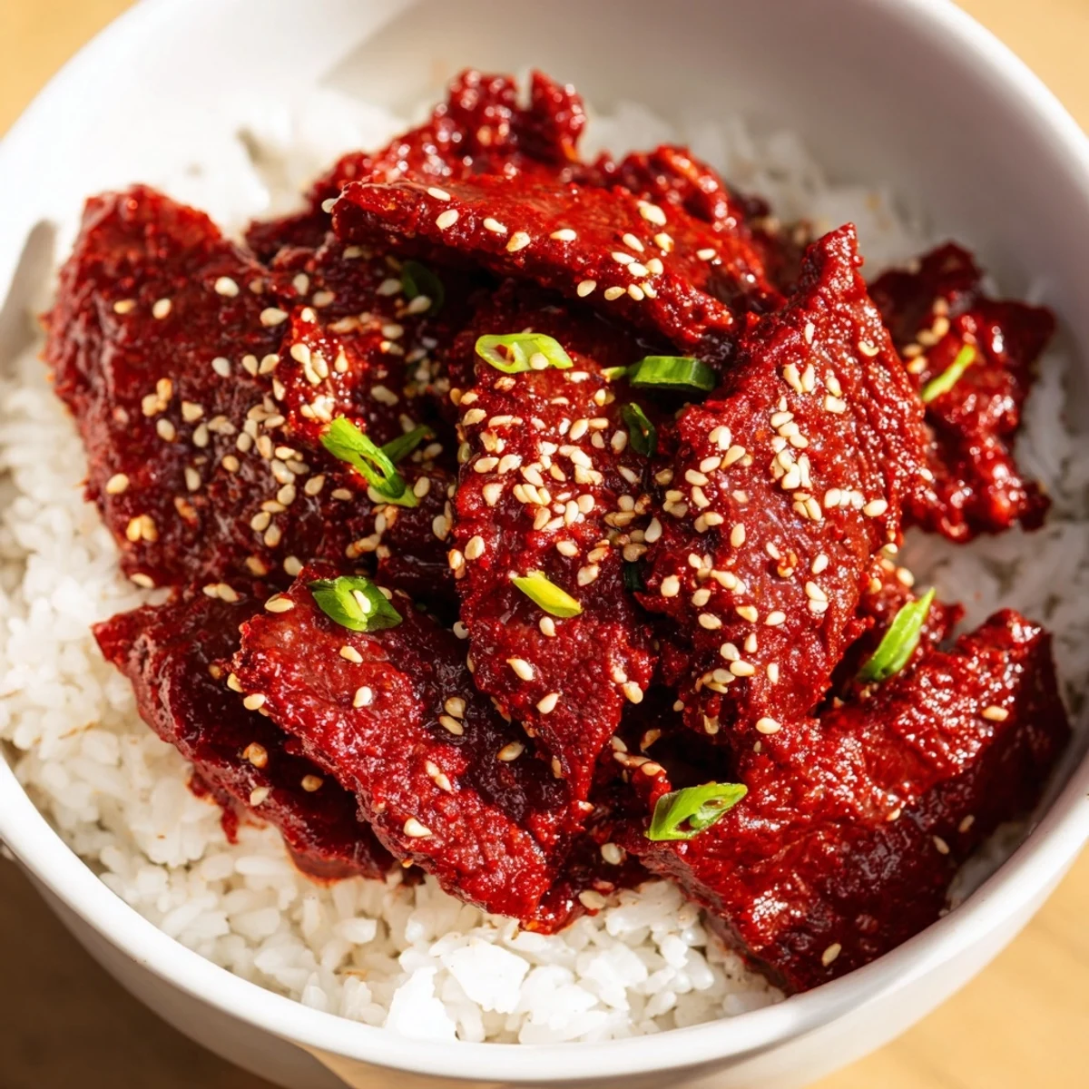 Steaming bowl of Spicy Korean Beef Bowl with Rice, topped with fresh carrots, cucumbers, and kimchi.
