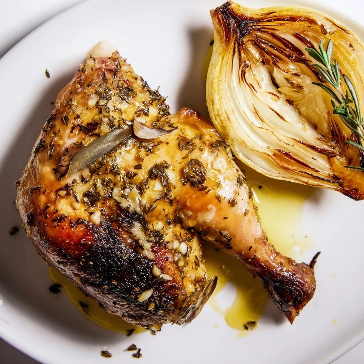 Golden-brown Roasted Chicken with Lemon and Oregano resting on a platter, garnished with fresh herbs.