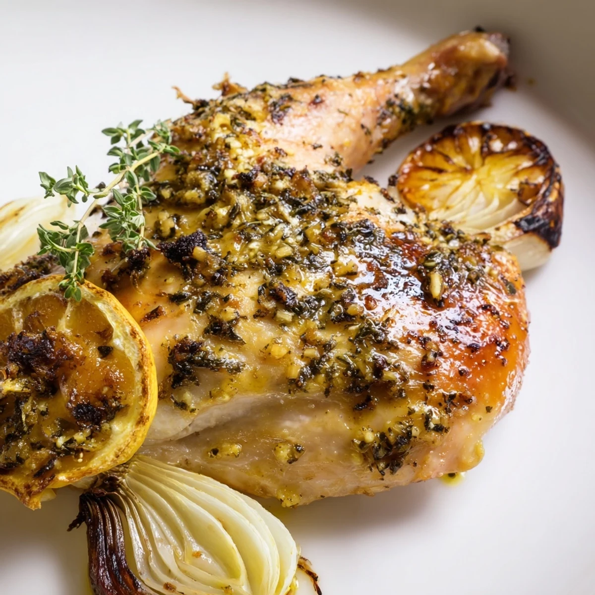 A whole Roasted Chicken with Lemon and Oregano served with roasted potatoes and a lemon wedge on the side.