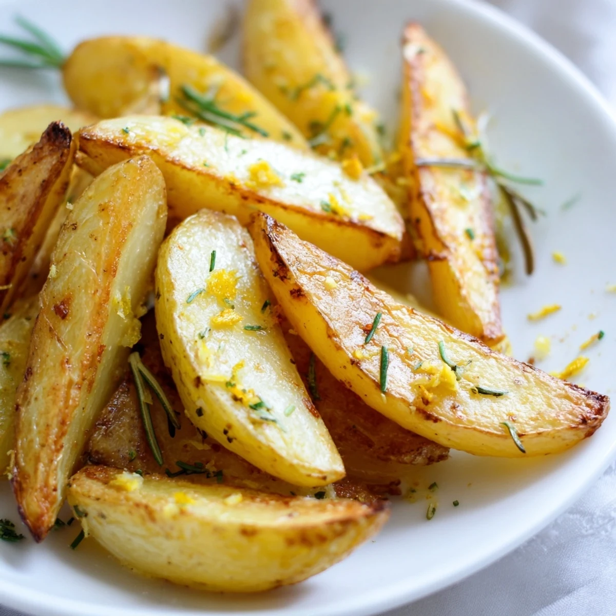 Golden-brown Lemon Potatoes with Rosemary served hot from the oven on a white platter. Fresh rosemary sprigs and lemon slices garnish the crispy potato wedges. The bright yellow lemon juice glistens against the roasted skin, highlighting the rustic Mediterranean styling. Perfect for a vegetarian side dish or paired with grilled chicken. Photographed overhead on a rustic wooden table.