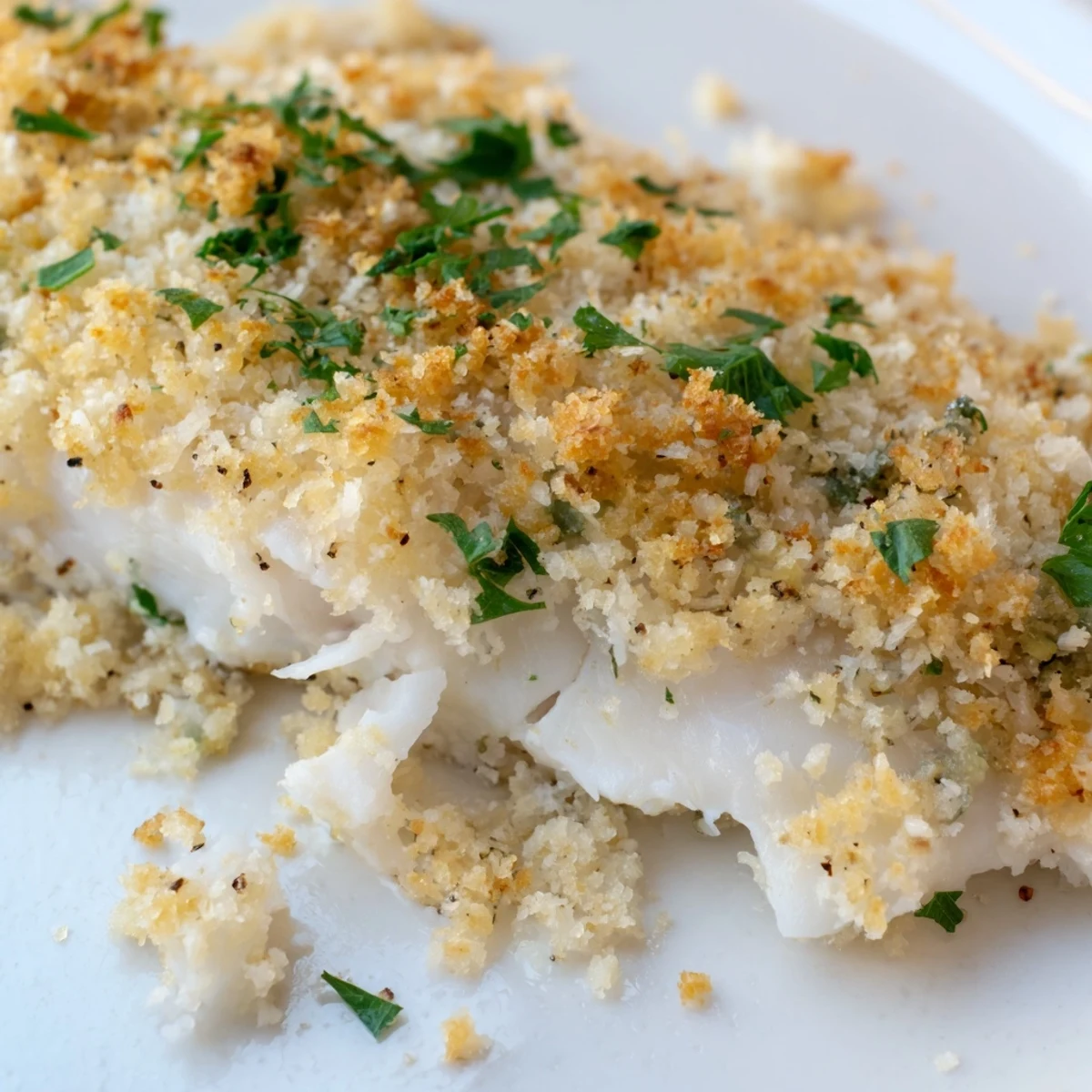 Golden, herbed Baked Haddock with Breadcrumbs fillets topped with fresh parsley and served with lemon wedges on a rustic plate.