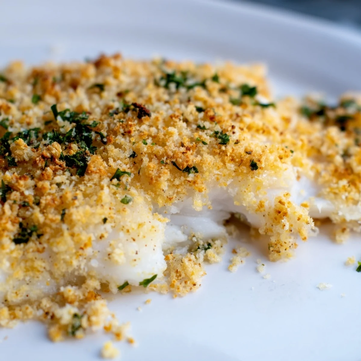 Fork-tender Baked Haddock with Breadcrumbs emerging from the oven with a crisp, golden crust and a hint of garlic aroma.