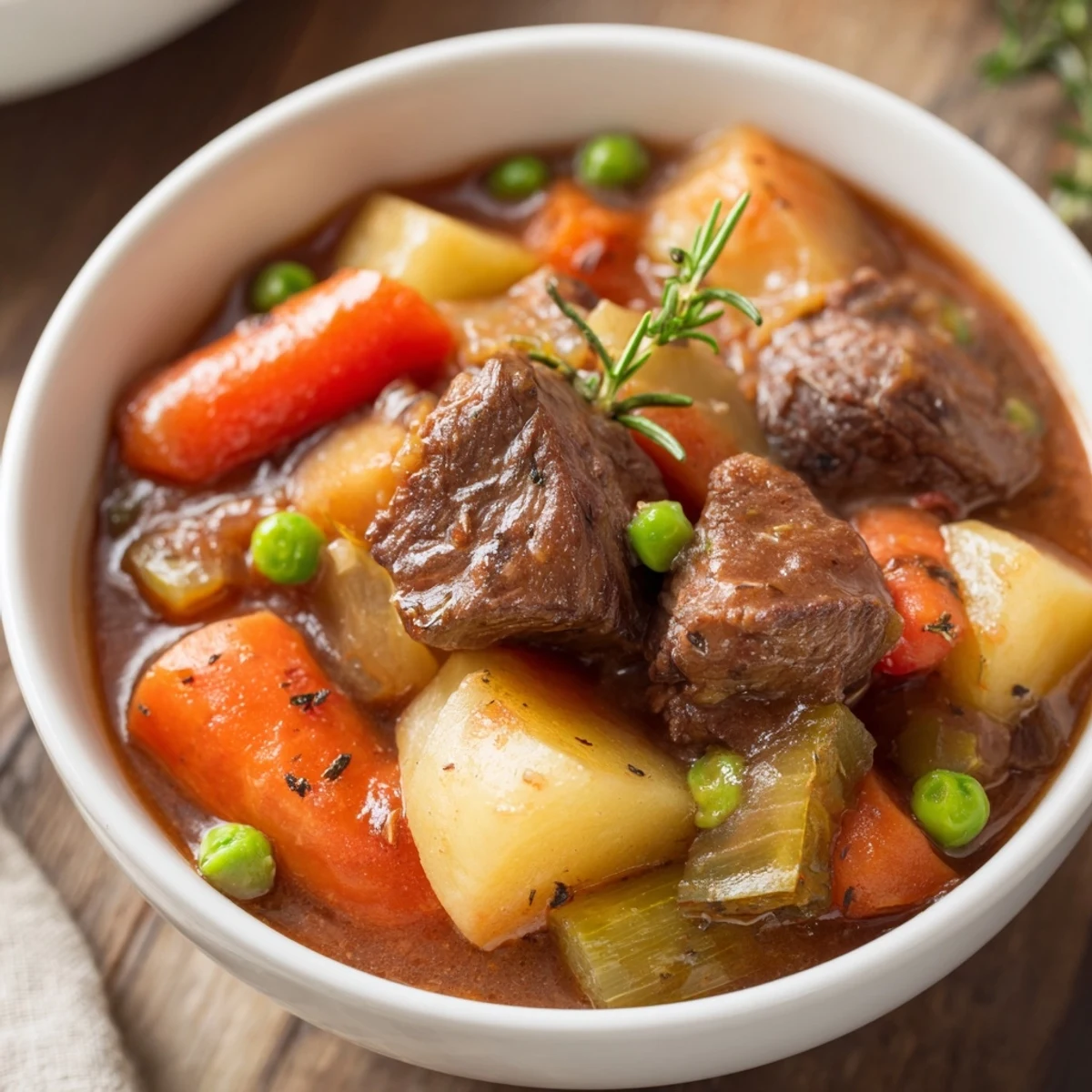 Freshly cooked Slow Cooker Beef Stew with tender beef cubes, carrots, and potatoes in a rich, thick gravy.