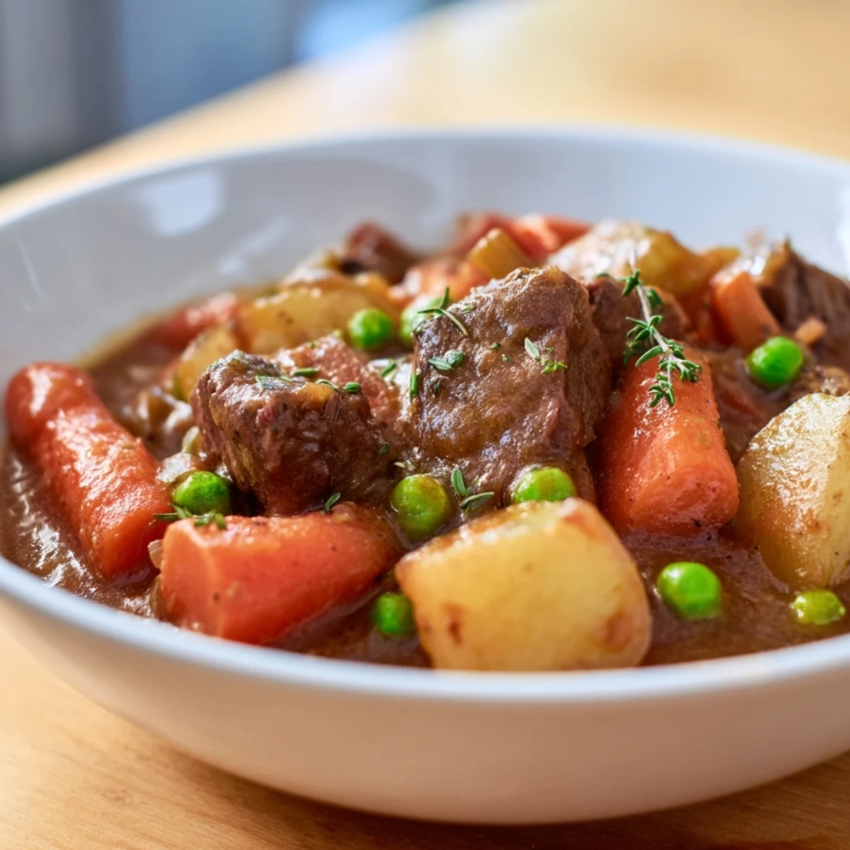 Steaming bowl of Slow Cooker Beef Stew served with crusty bread for dipping, perfect for a cold evening meal.