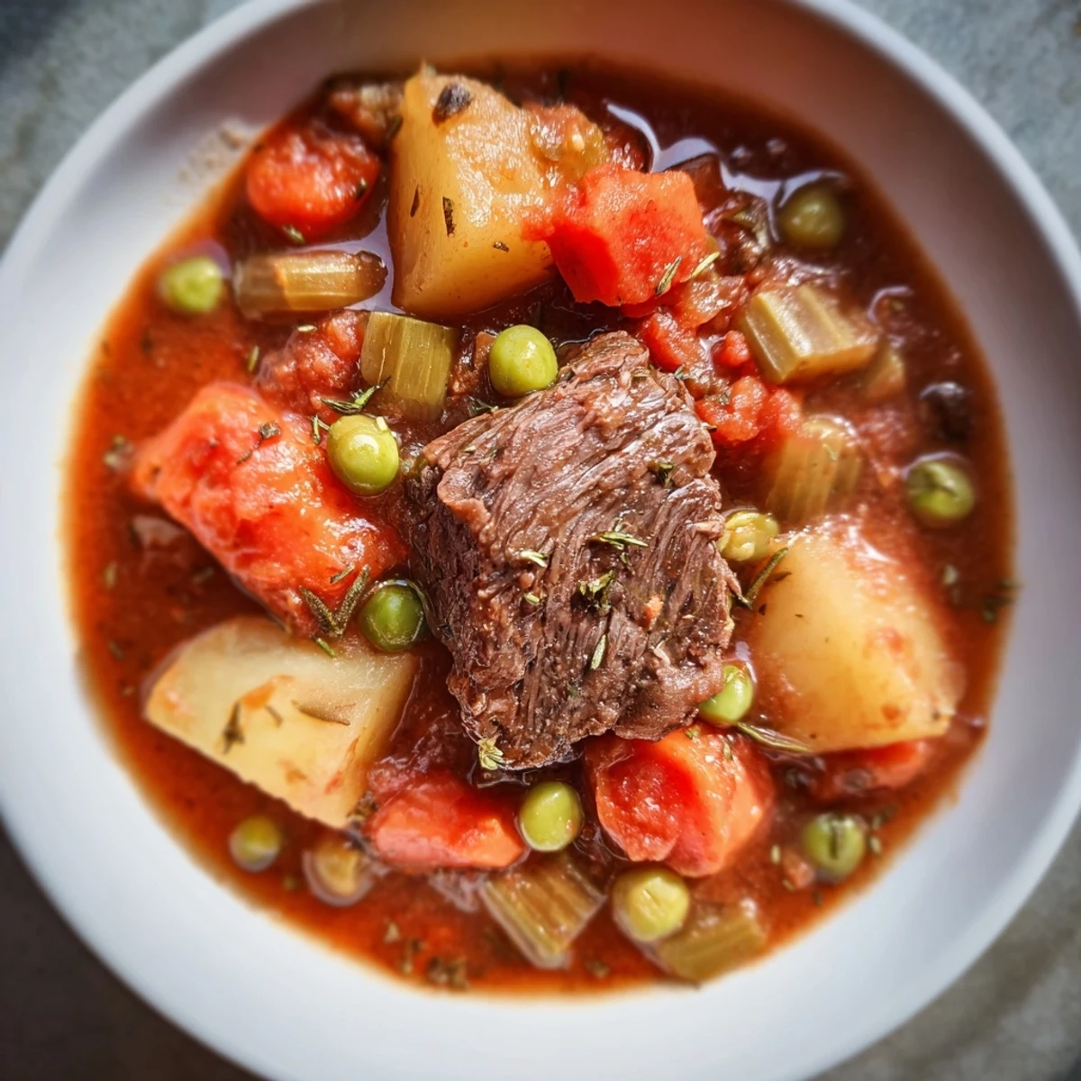 Slow Cooker Beef Stew features root vegetables and peas in a savory broth, ready to be enjoyed straight from the pot.