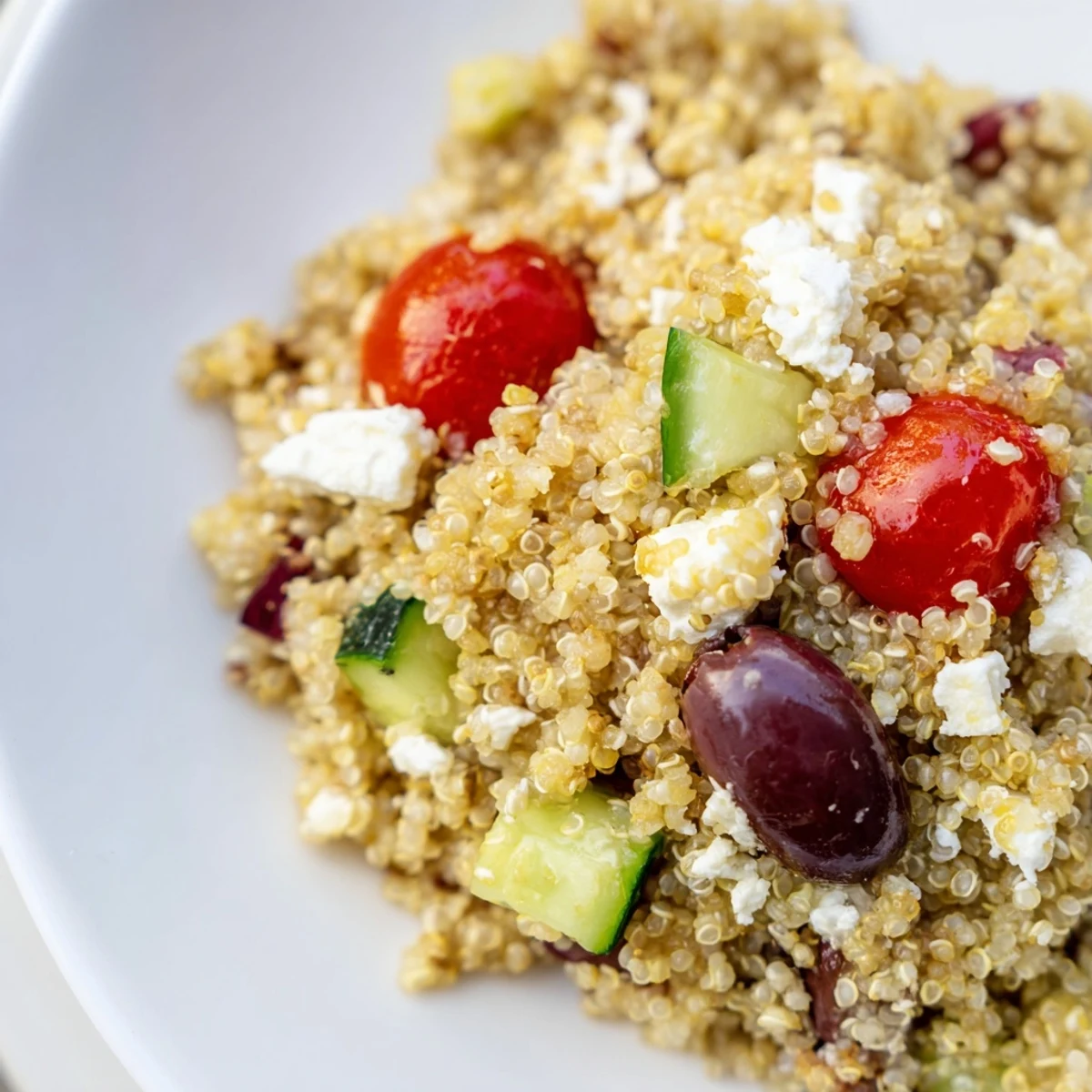 A close-up of Mediterranean Quinoa Salad shows fluffy quinoa mixed with red tomatoes, green cucumber, and Kalamata olives with crumbled feta, ready to serve in a white bowl.