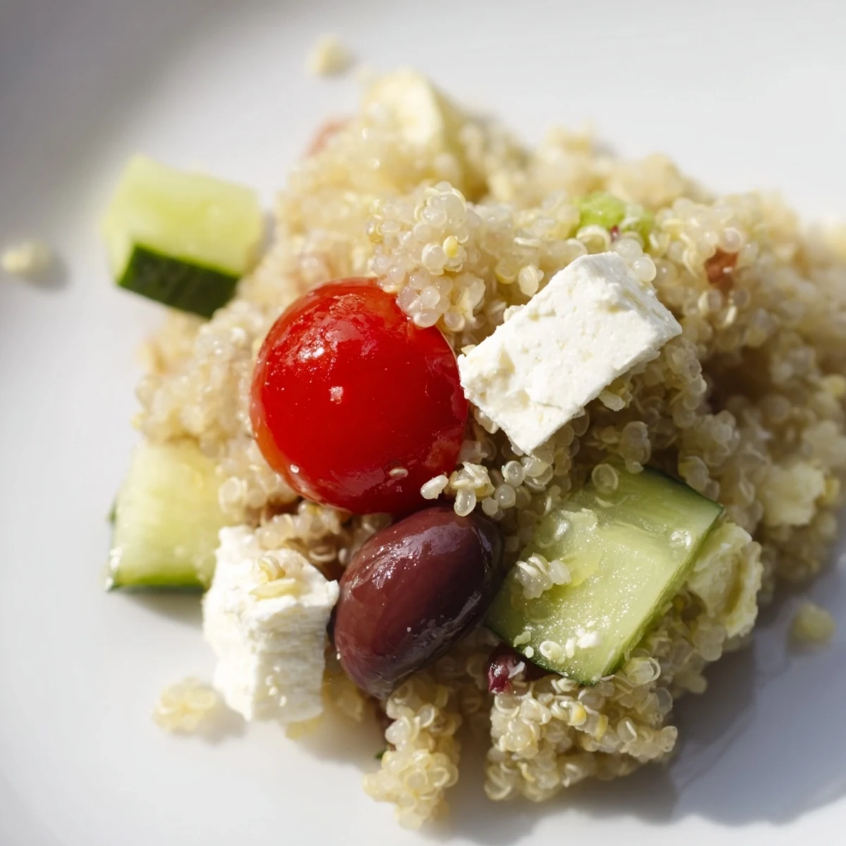 A freshly tossed Mediterranean Quinoa Salad in a bowl highlights chopped red onion, diced bell peppers, and fresh herbs glistening with a lemon-oregano vinaigrette.