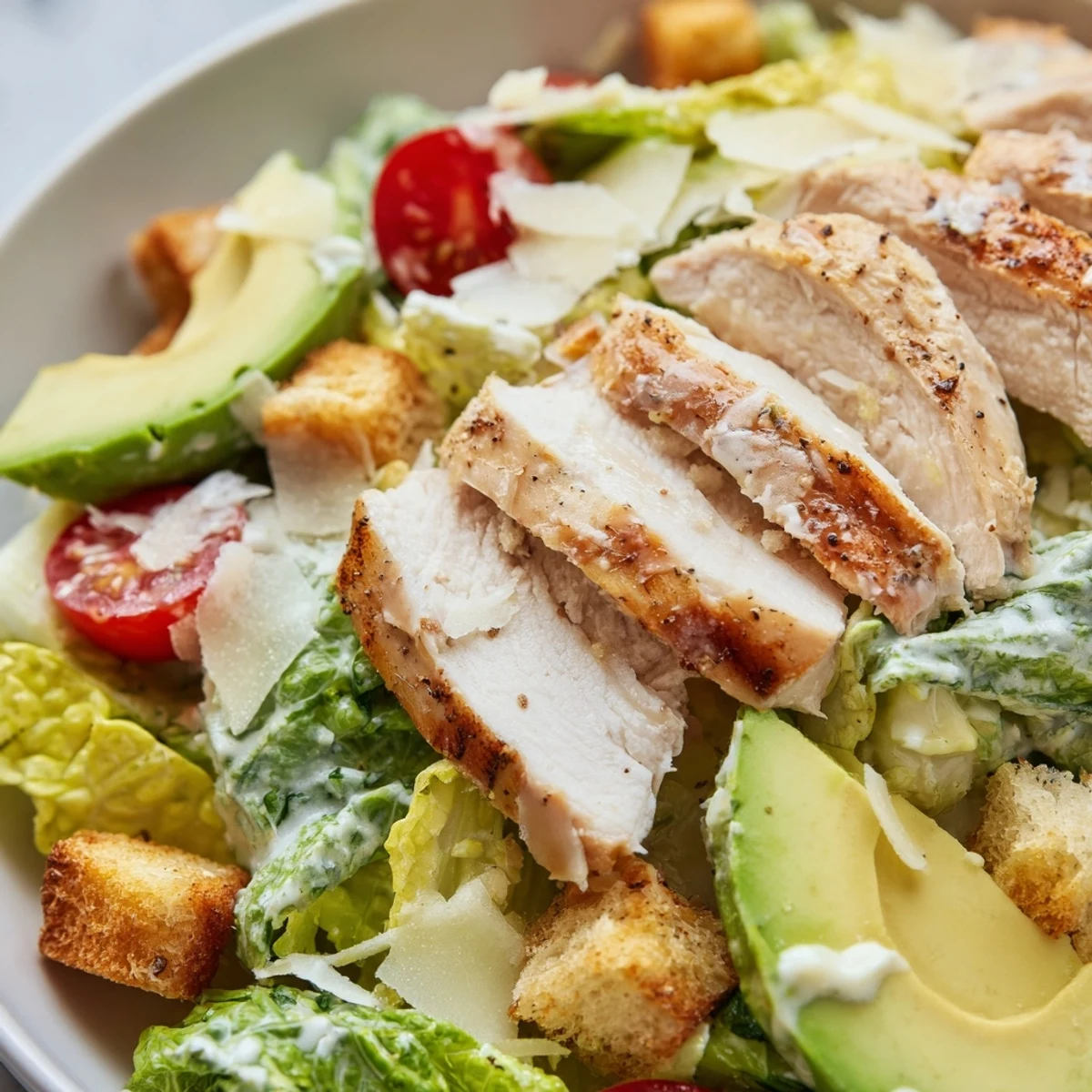 Freshly grilled chicken breast is sliced over crisp romaine lettuce and creamy avocado in this vibrant Chicken Caesar Salad with Avocado.