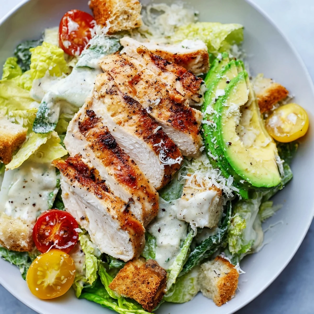 Homemade Caesar dressing is drizzled over juicy grilled chicken, avocado slices, and crunchy croutons in a classic Chicken Caesar Salad with Avocado.