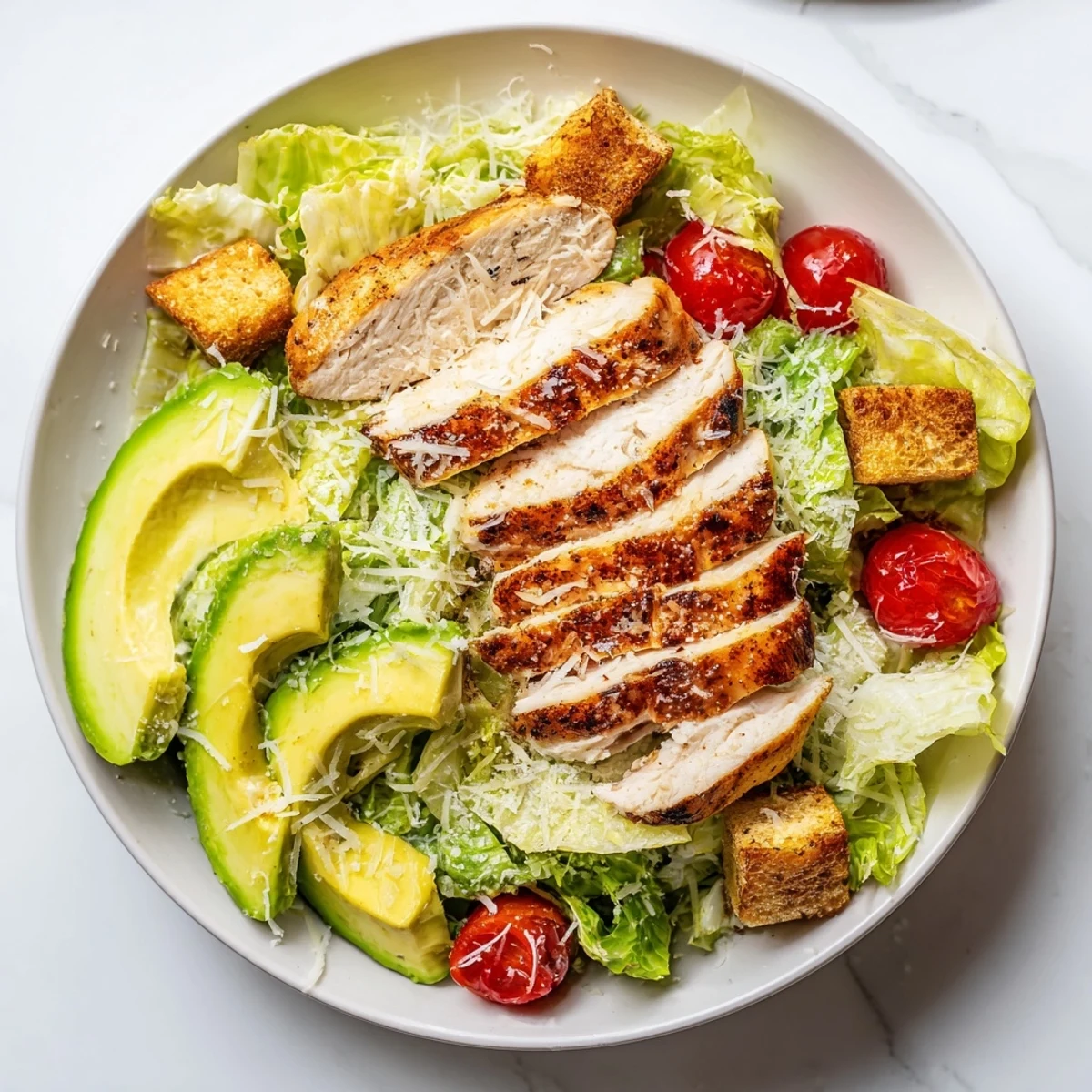 Plated Chicken Caesar Salad with Avocado features tender grilled chicken, ripe avocado, and Parmesan, paired with a chilled glass of Sauvignon Blanc.