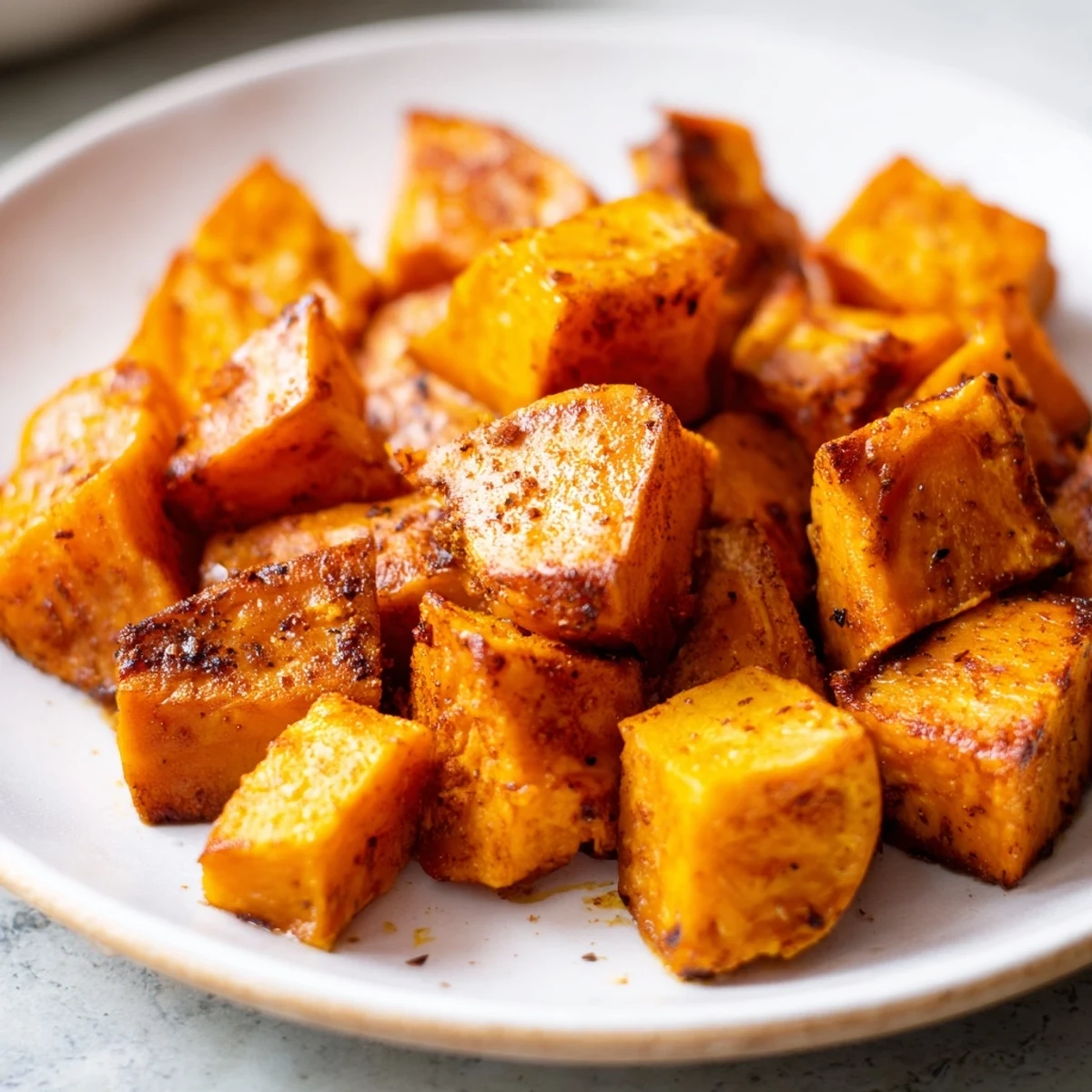 Freshly roasted Crispy Sweet Potatoes with Cinnamon glisten on a plate, with edges browned to perfection.