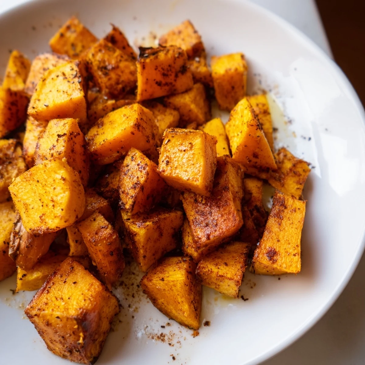 Golden Crispy Sweet Potatoes with Cinnamon served alongside grilled chicken on a rustic dinner table.