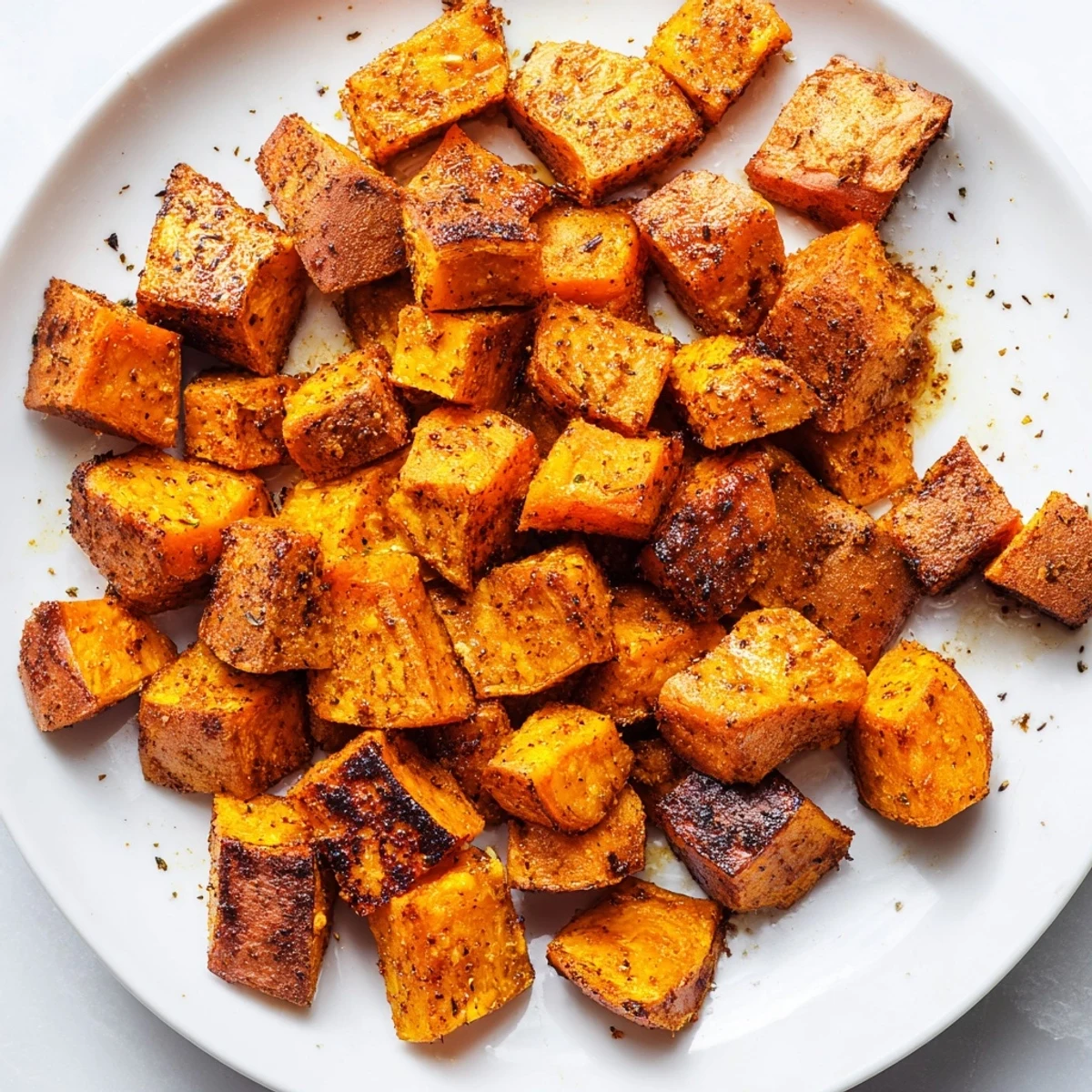 Bite-sized Crispy Sweet Potatoes with Cinnamon piled high on a white plate, ready to eat.