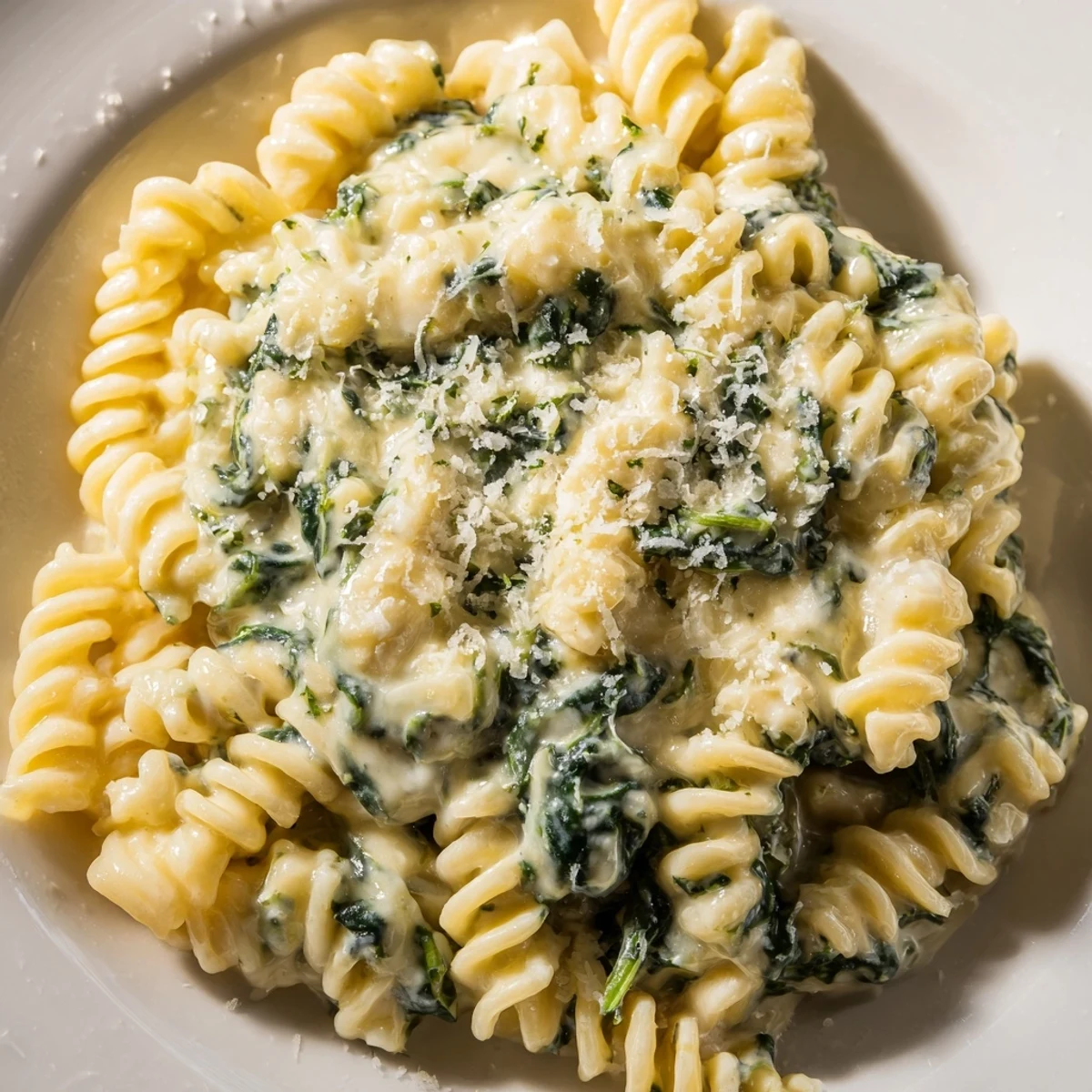 Creamy Spinach and Cheese Pasta twirled on a fork with steam rising, showcasing a velvety Parmesan sauce clinging to penne.