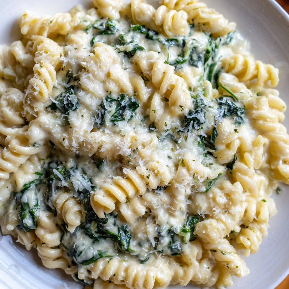 Close-up of Creamy Spinach and Cheese Pasta showing wilted spinach and melted mozzarella, perfect for a comforting weeknight dinner.