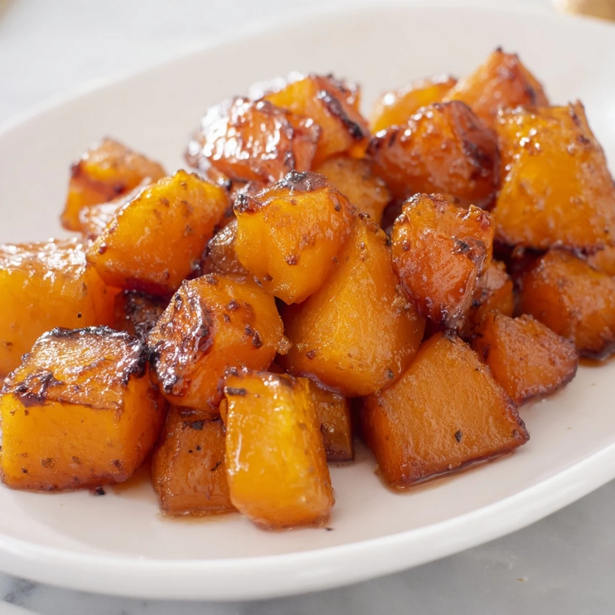 Golden-brown cubes of Roasted Squash with Brown Sugar sit on a baking sheet, glistening with warm spices and a glossy caramelized glaze.