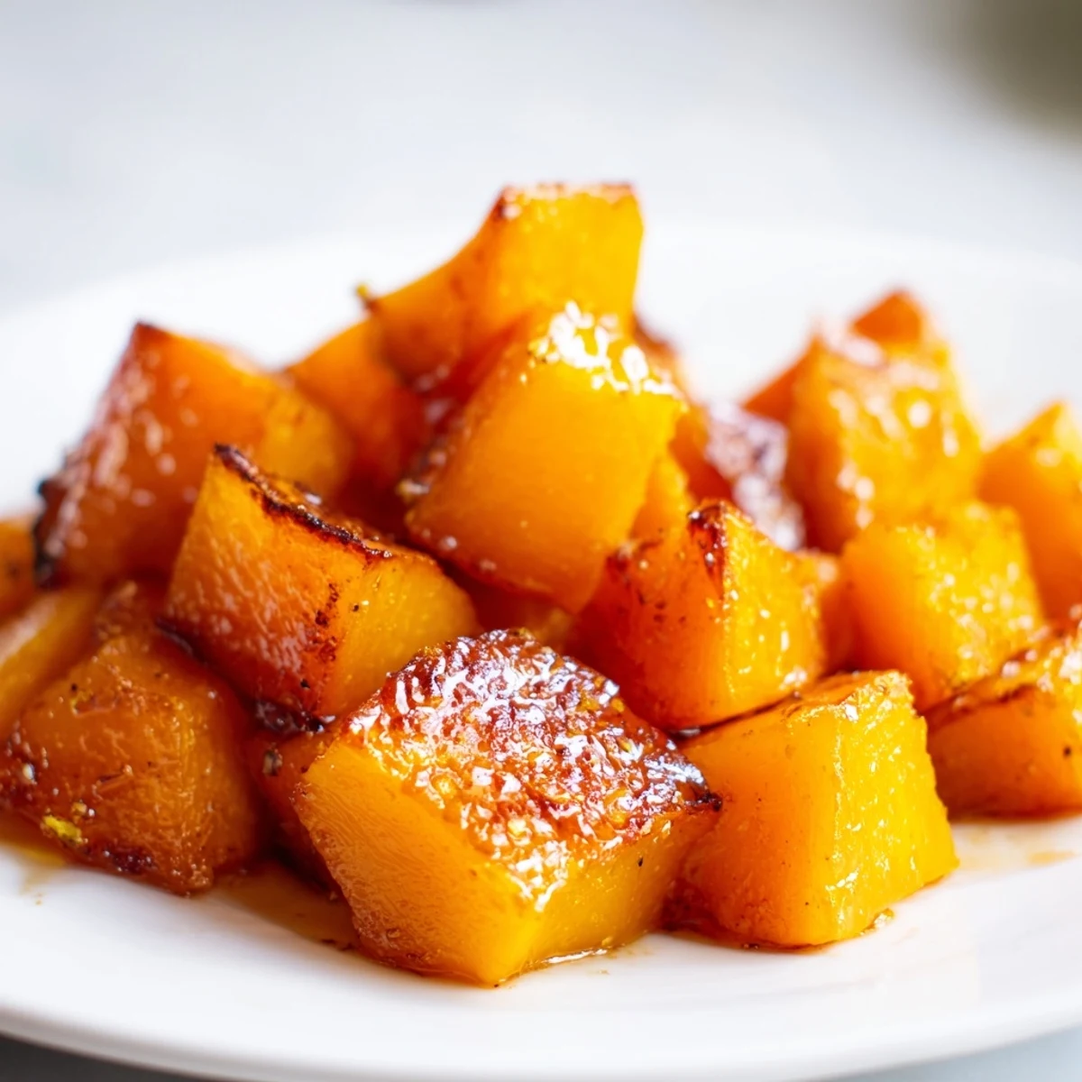 Fork-tender Roasted Squash with Brown Sugar is plated next to fresh sage, emitting steam and rich caramel aromas from the glaze.