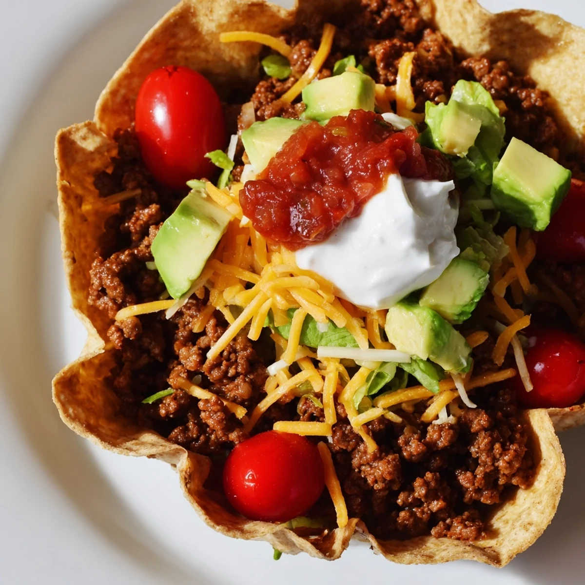 Freshly baked flour tortilla shell filled with seasoned ground beef, crisp romaine lettuce, cheddar cheese, and ripe avocado slices.