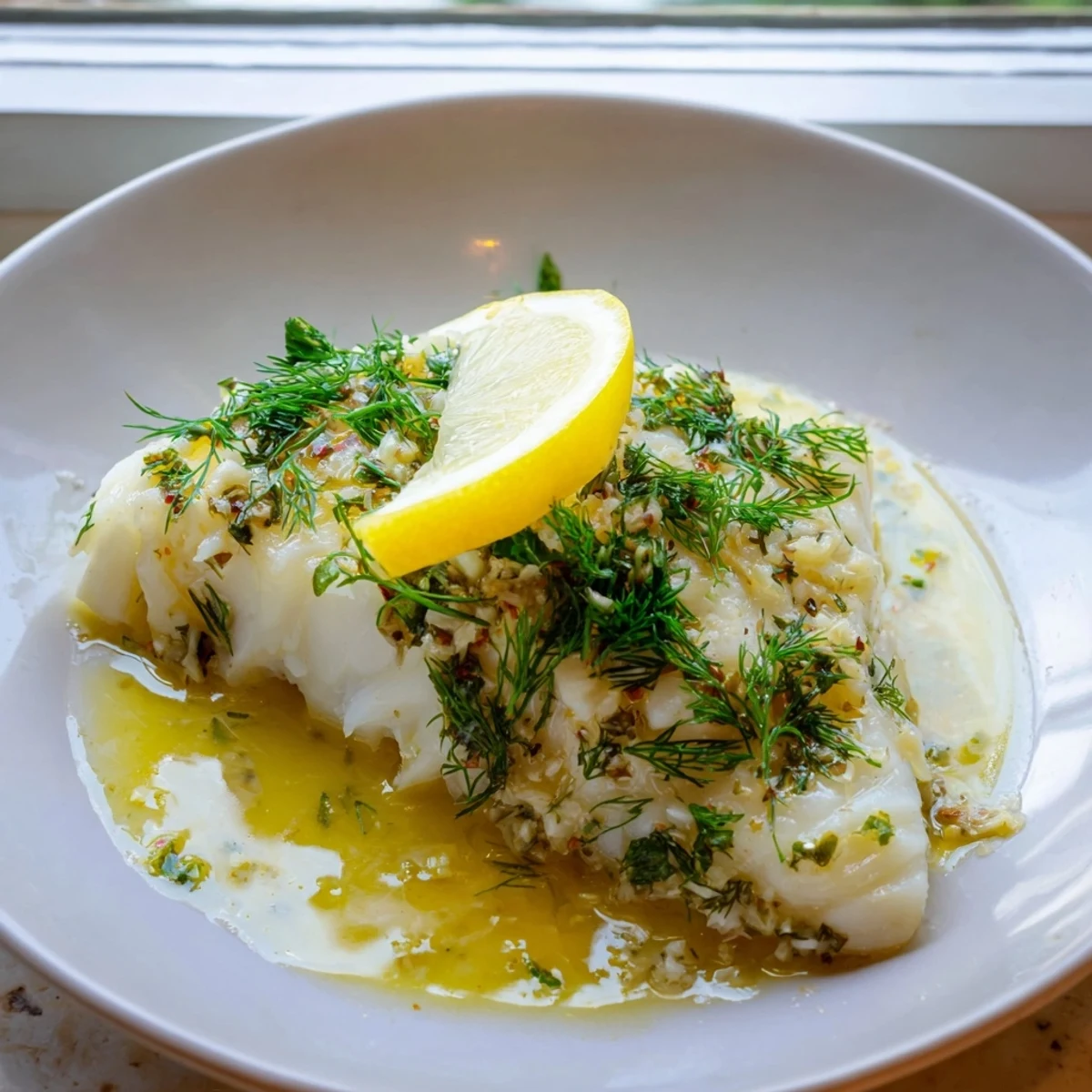 Flaky Baked Cod with Lemon Butter sizzling in a golden, bubbly butter sauce in a baking dish.