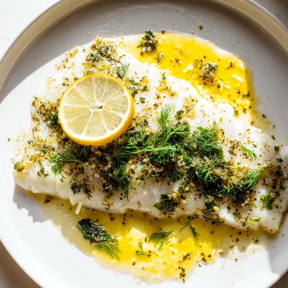 Baked Cod with Lemon Butter fillets topped with fresh parsley and lemon slices on a plate.