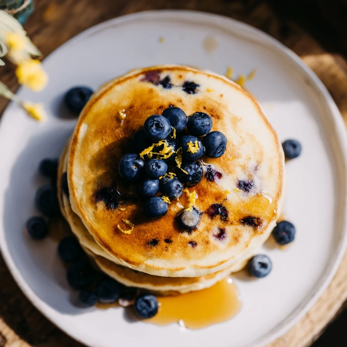 Golden Lemon Blueberry Pancakes stack high, topped with maple syrup and fresh blueberries for a bright breakfast.