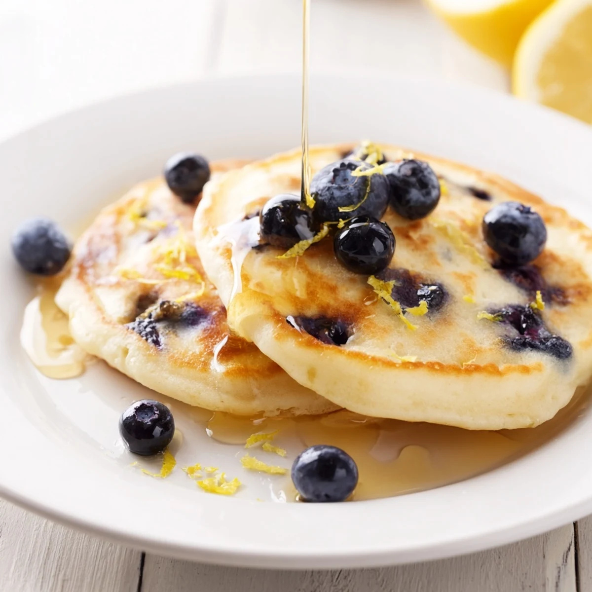 Stack of Lemon Blueberry Pancakes with syrup, powdered sugar, and extra berries for a weekend brunch.